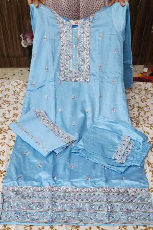 Stitched Powder Blue Embroidered Kurta Set